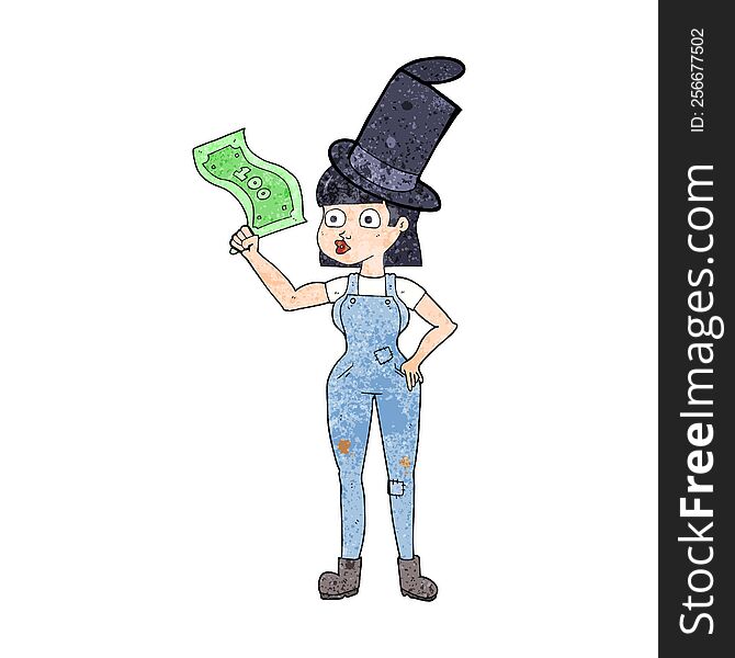 freehand textured cartoon woman holding on to money