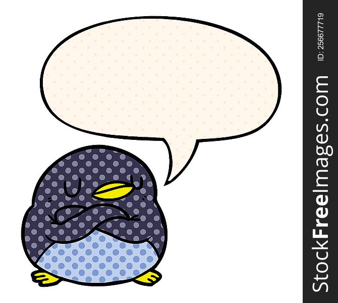 Cartoon Penguin And Crossed Arms And Speech Bubble In Comic Book Style