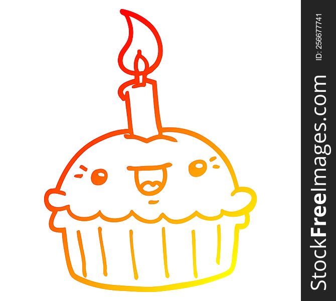 warm gradient line drawing of a cartoon cupcake with candle