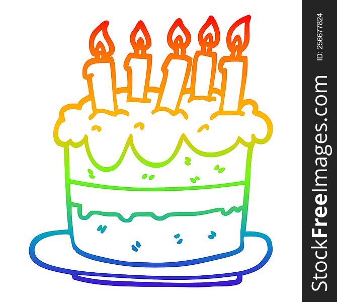 rainbow gradient line drawing of a cartoon birthday cake