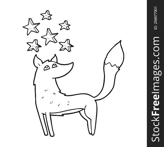 freehand drawn black and white cartoon wolf with stars