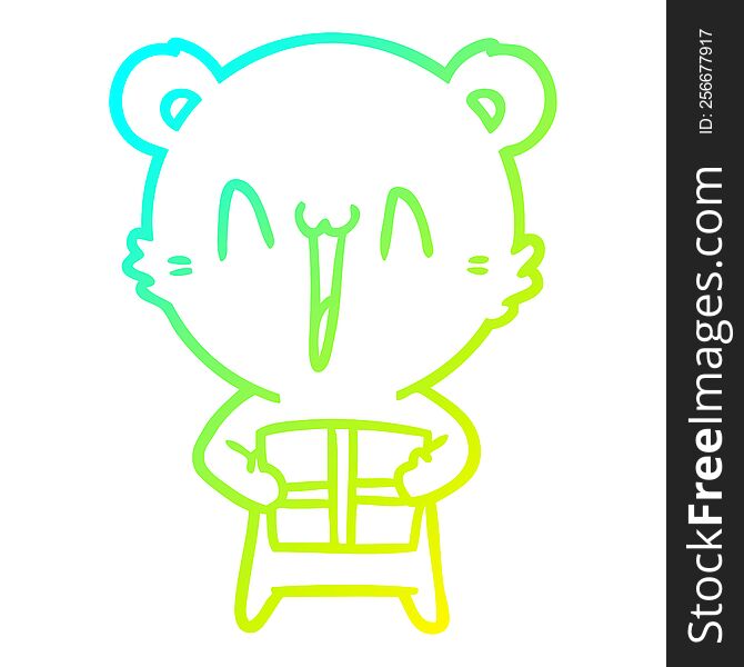cold gradient line drawing of a happy bear with gift cartoon