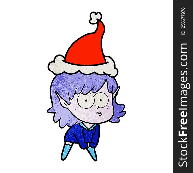 Textured Cartoon Of A Elf Girl Staring And Crouching Wearing Santa Hat