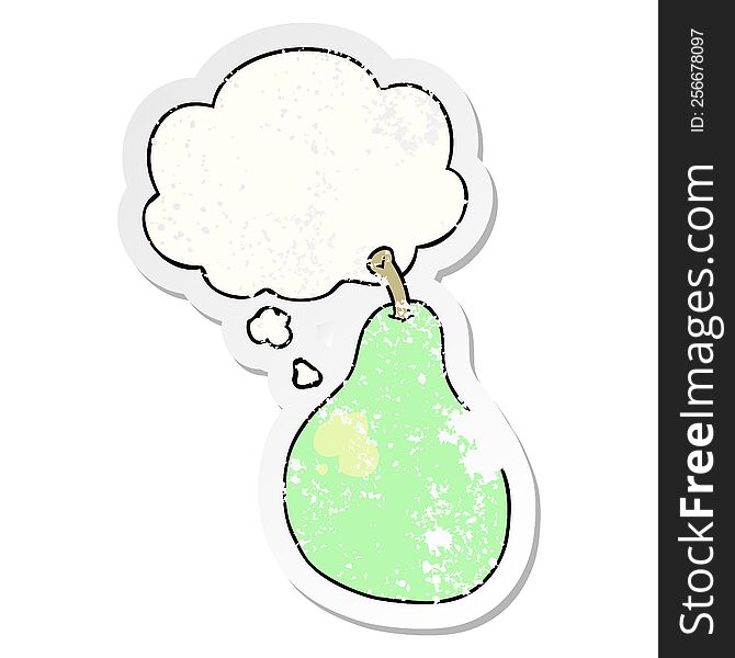 Cartoon Pear And Thought Bubble As A Distressed Worn Sticker