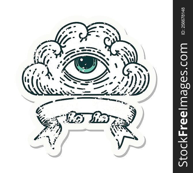 worn old sticker with banner of an all seeing eye cloud. worn old sticker with banner of an all seeing eye cloud