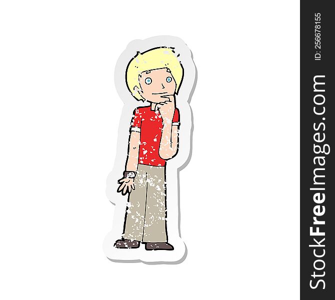 retro distressed sticker of a cartoon boy wondering