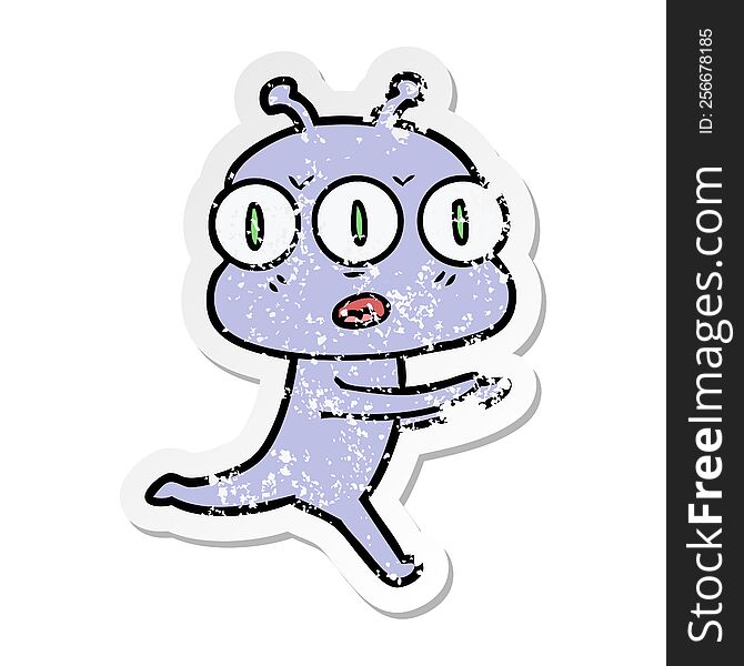 Distressed Sticker Of A Cartoon Three Eyed Alien