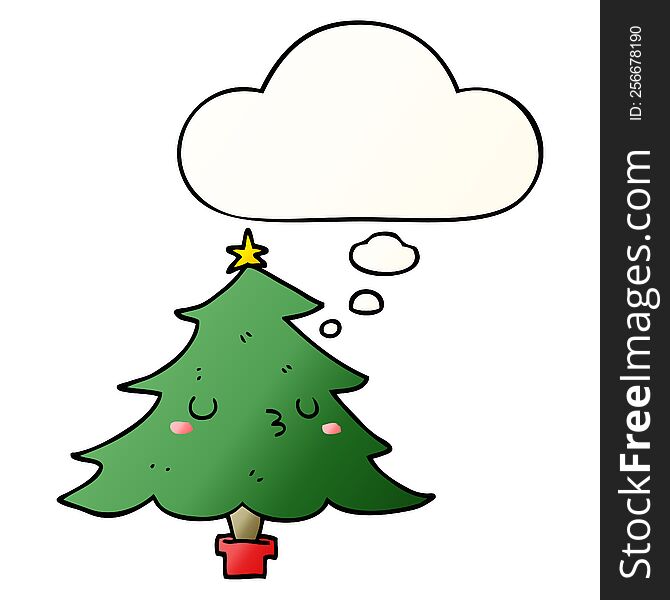 Cute Cartoon Christmas Tree And Thought Bubble In Smooth Gradient Style