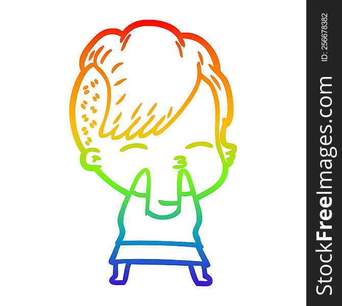 Rainbow Gradient Line Drawing Cartoon Squinting Girl