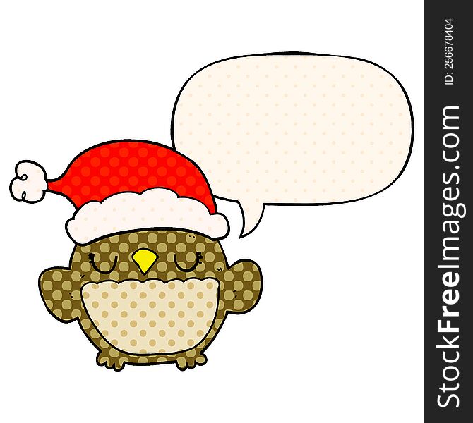 Cute Christmas Owl And Speech Bubble In Comic Book Style