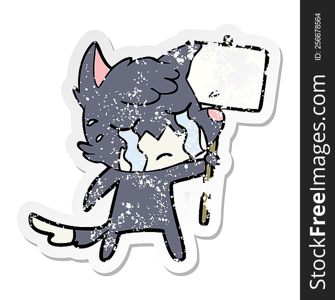 Distressed Sticker Of A Crying Fox Cartoon With Placard