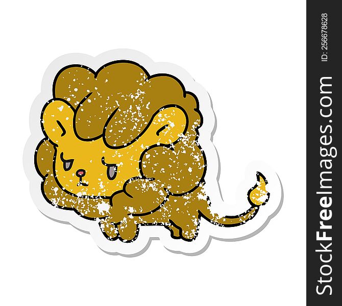 distressed sticker cartoon illustration kawaii cute lion cub. distressed sticker cartoon illustration kawaii cute lion cub