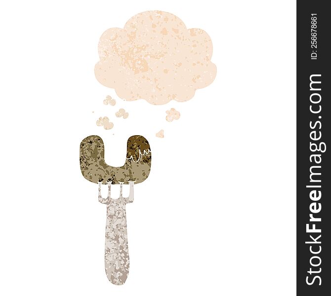cartoon sausage on fork with thought bubble in grunge distressed retro textured style. cartoon sausage on fork with thought bubble in grunge distressed retro textured style