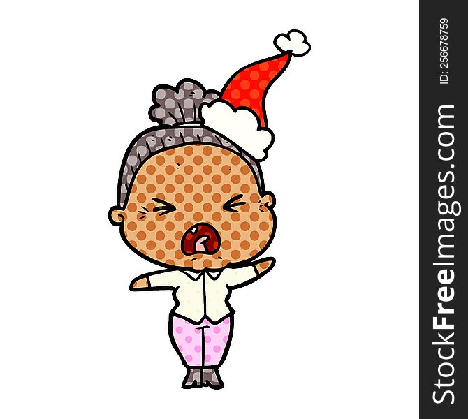 hand drawn comic book style illustration of a angry old woman wearing santa hat
