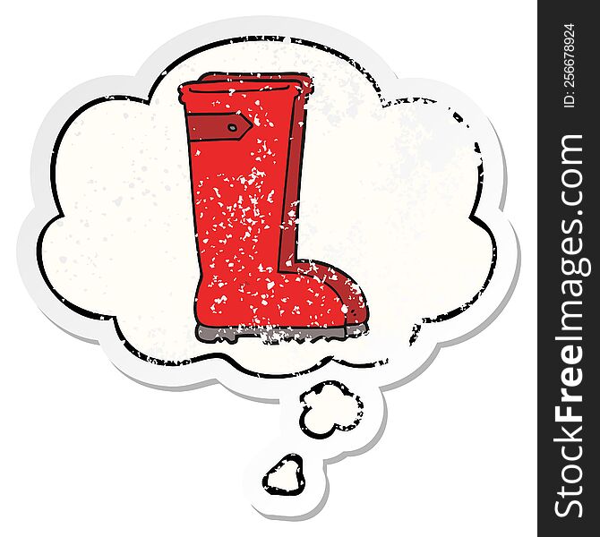 cartoon wellington boots with thought bubble as a distressed worn sticker