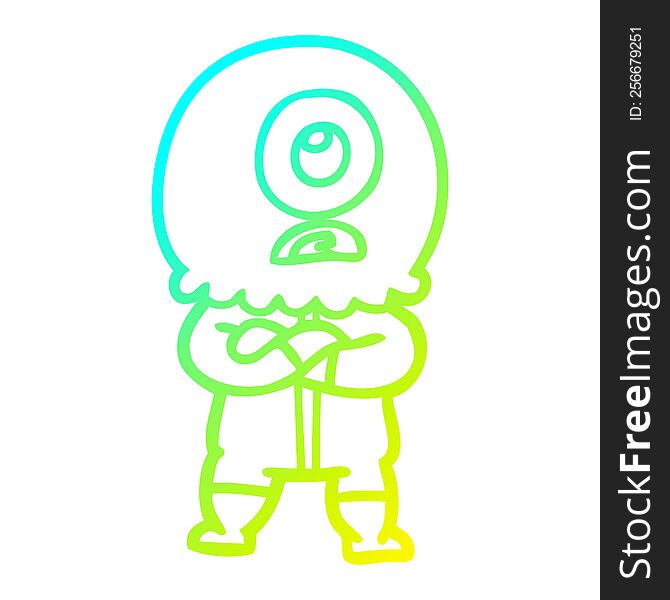 cold gradient line drawing of a annoyed cartoon cyclops alien spaceman