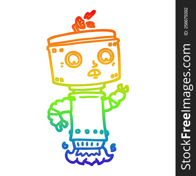 rainbow gradient line drawing of a cartoon robot hovering