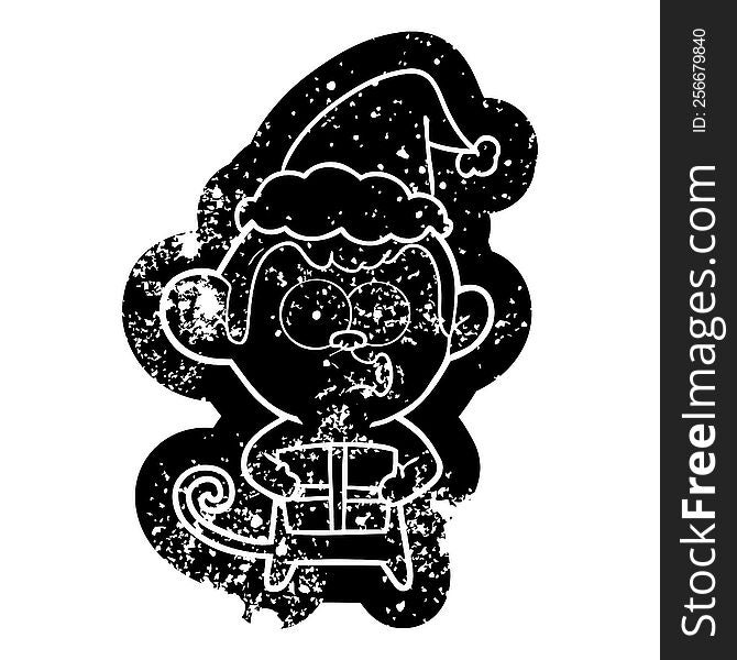 quirky cartoon distressed icon of a christmas monkey wearing santa hat