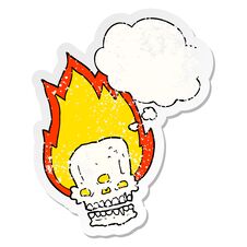 Spooky Cartoon Flaming Skull And Thought Bubble As A Distressed Worn Sticker Royalty Free Stock Images