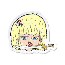 Retro Distressed Sticker Of A Cartoon Woman Holding Knife Between Teeth Stock Photo
