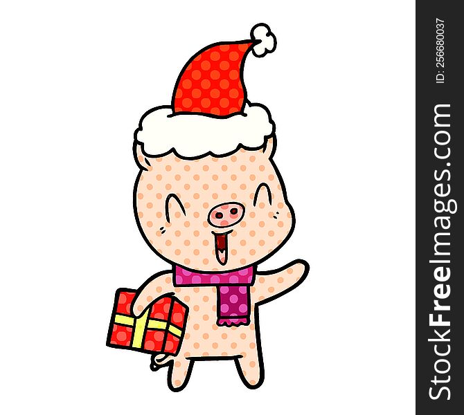 happy hand drawn comic book style illustration of a pig with xmas present wearing santa hat