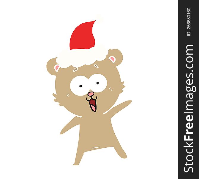 laughing teddy  bear hand drawn flat color illustration of a wearing santa hat