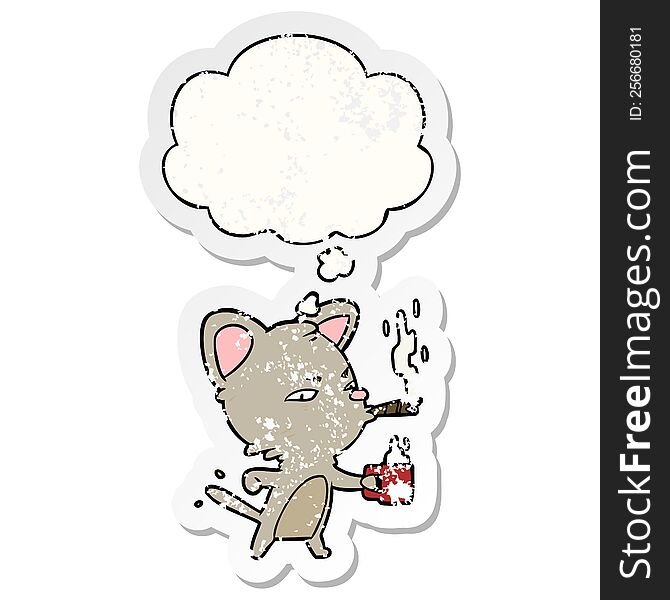 cartoon cat with coffee and cigar with thought bubble as a distressed worn sticker