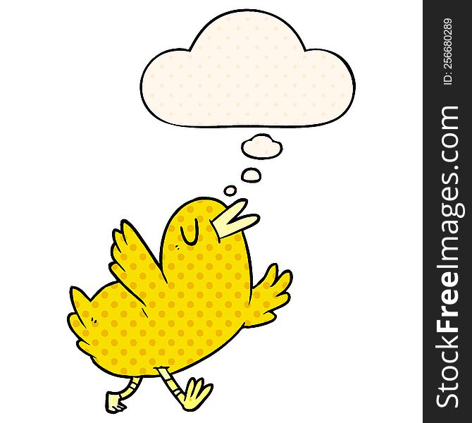cartoon happy bird with thought bubble in comic book style