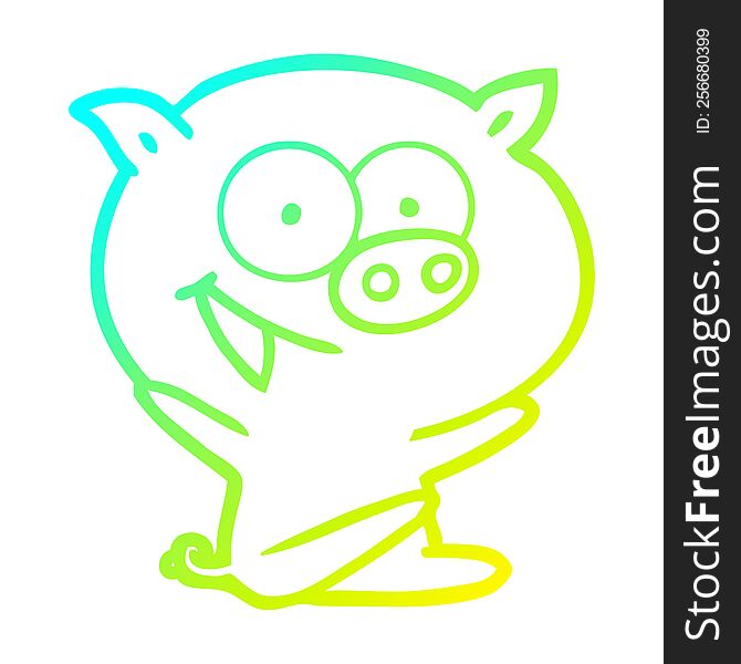 cold gradient line drawing of a cheerful sitting pig cartoon