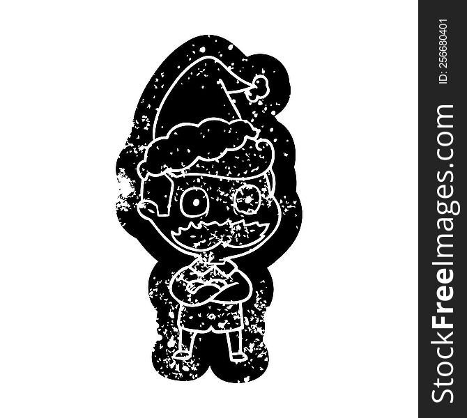 quirky cartoon distressed icon of a man with mustache shocked wearing santa hat