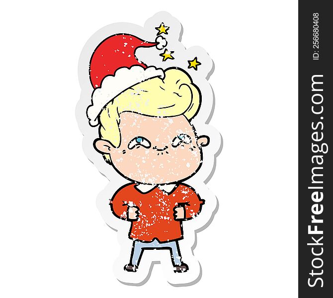 Distressed Sticker Cartoon Of A Excited Man Wearing Santa Hat