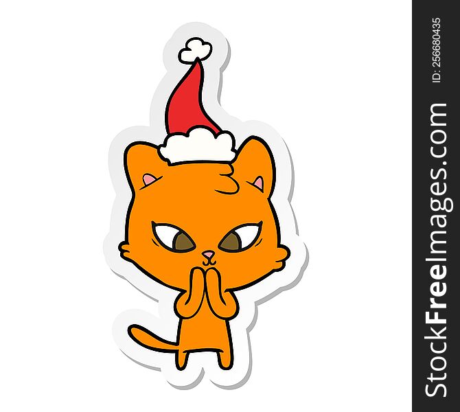 Cute Sticker Cartoon Of A Cat Wearing Santa Hat