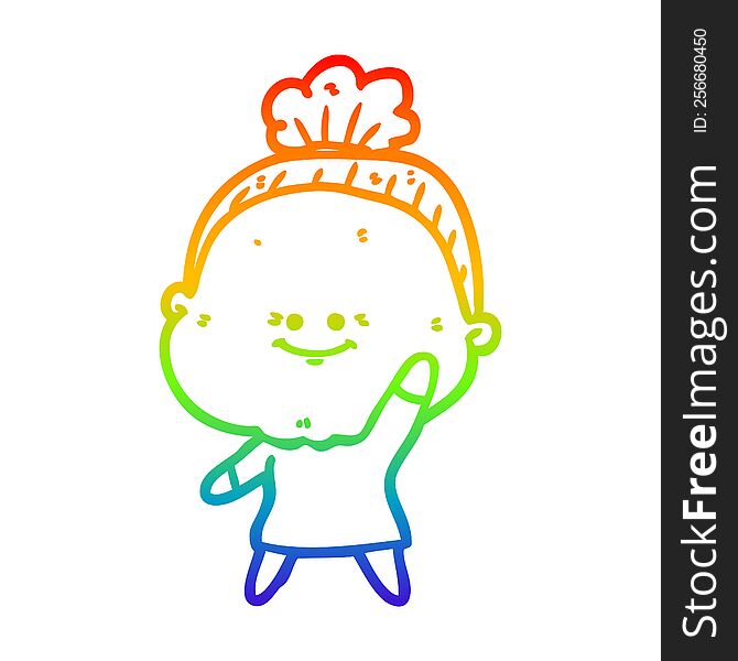 rainbow gradient line drawing of a cartoon happy old woman