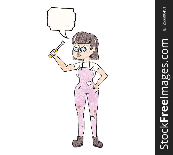 freehand speech bubble textured cartoon female mechanic