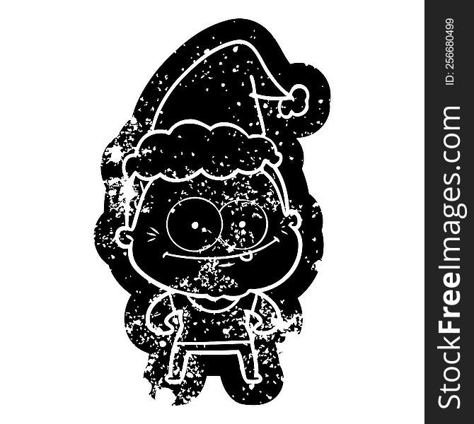 Cartoon Distressed Icon Of A Happy Old Woman Wearing Santa Hat