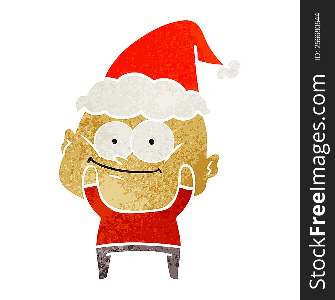 Retro Cartoon Of A Bald Man Staring Wearing Santa Hat