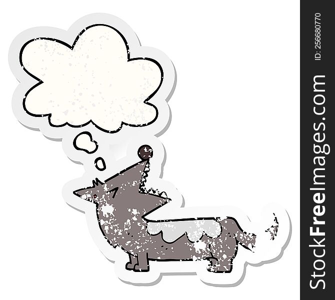 cartoon dog with thought bubble as a distressed worn sticker