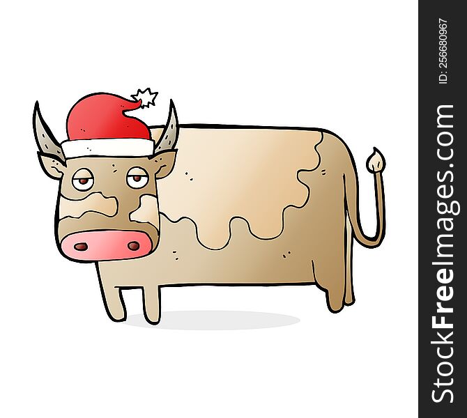 Cartoon Cow With Christmas Hat