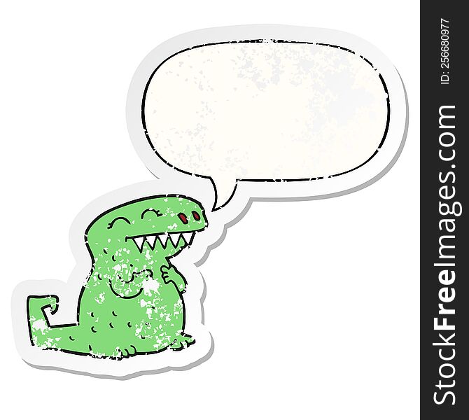 cartoon dinosaur with speech bubble distressed distressed old sticker. cartoon dinosaur with speech bubble distressed distressed old sticker