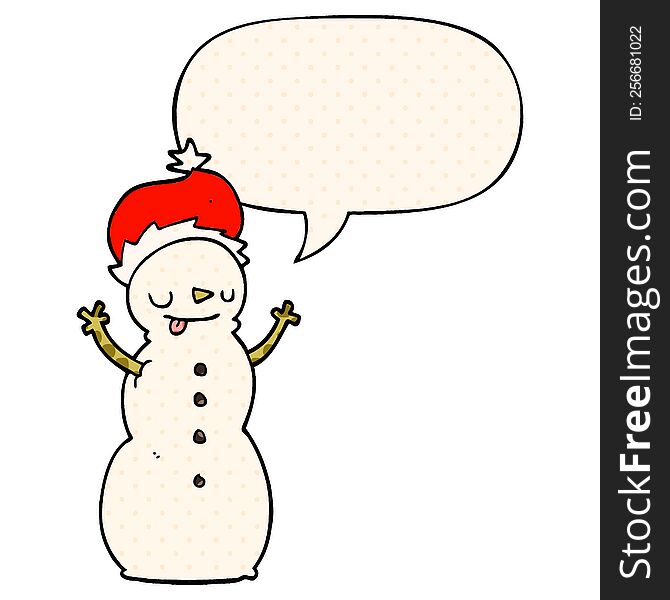 Cartoon Christmas Snowman And Speech Bubble In Comic Book Style