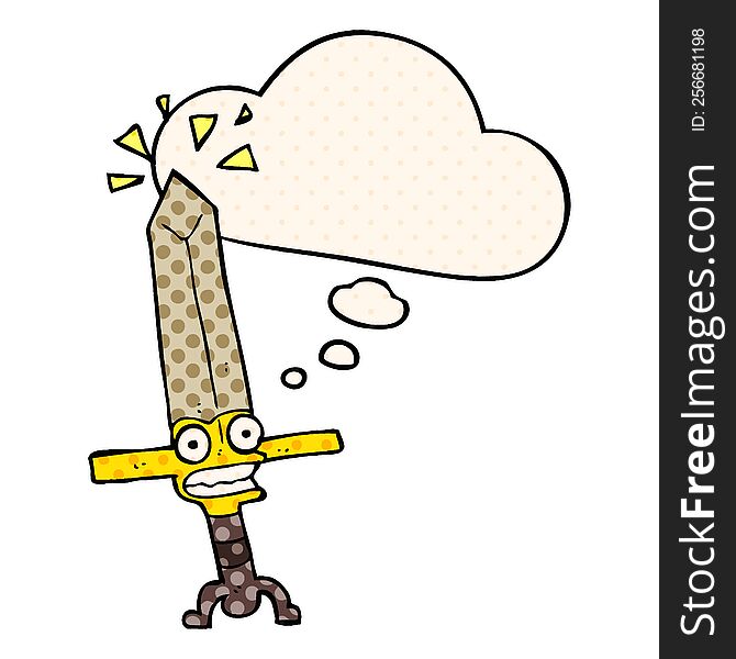 cartoon magic sword with thought bubble in comic book style