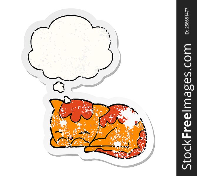 cartoon cat sleeping with thought bubble as a distressed worn sticker