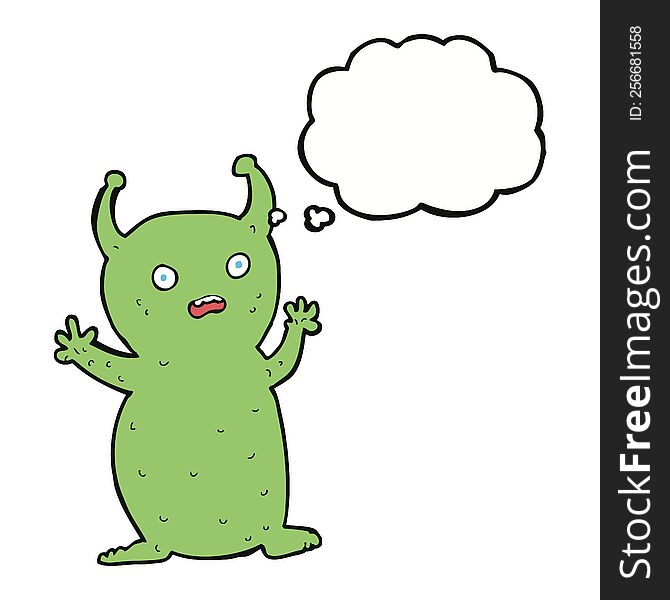 cartoon funny little alien with thought bubble