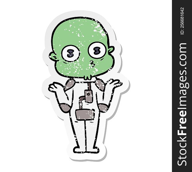 distressed sticker of a confused weird bald spaceman