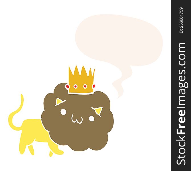 Cartoon Lion And Crown And Speech Bubble In Retro Style