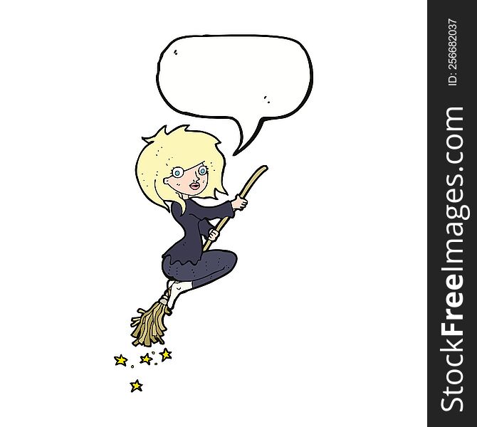 cartoon witch riding broomstick with speech bubble