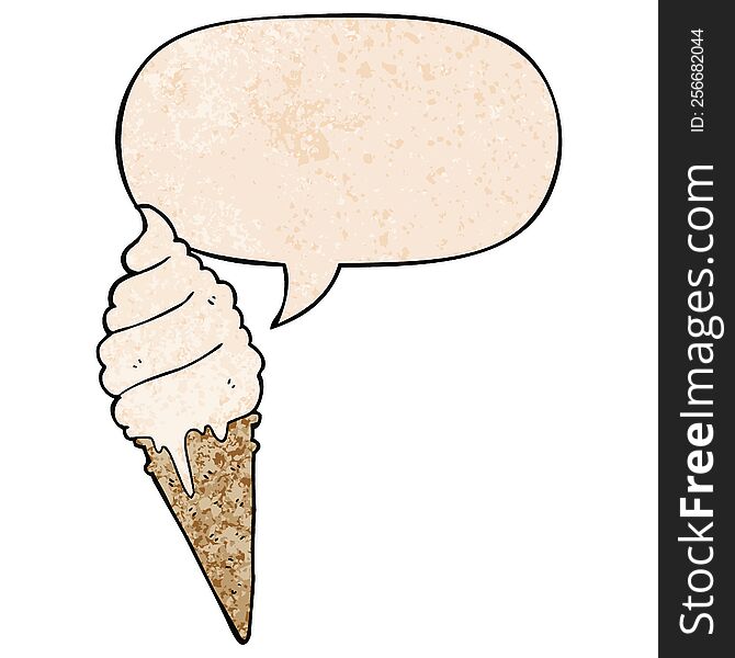 cartoon ice cream with speech bubble in retro texture style