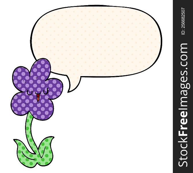 cartoon flower with happy face with speech bubble in comic book style. cartoon flower with happy face with speech bubble in comic book style
