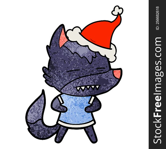 hand drawn textured cartoon of a wolf showing teeth wearing santa hat