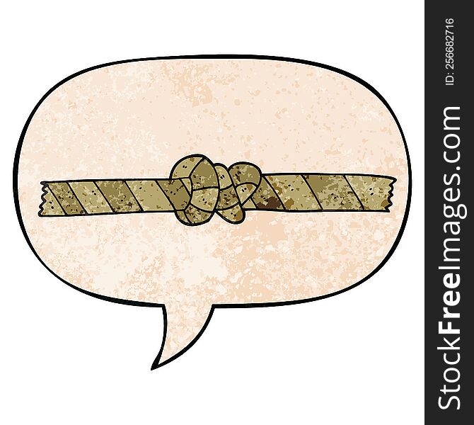 cartoon knotted rope with speech bubble in retro texture style